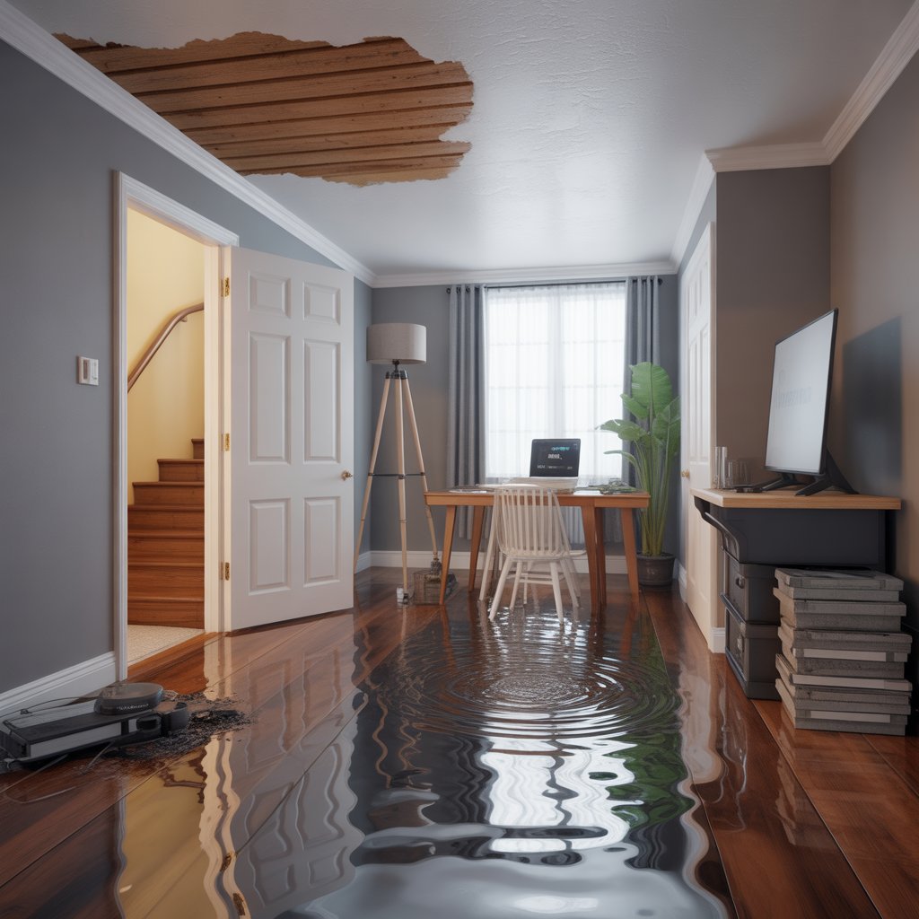Severe ceiling leak flooding a home office floor after a burst pipe, showing early stages of water damage.
