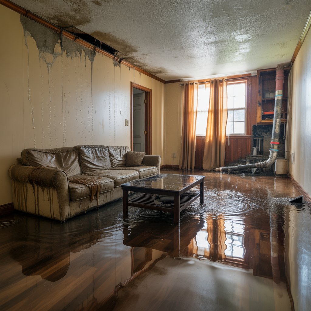 Flooded living room with soaked walls and ceiling damage caused by a burst pipe before professional drying.