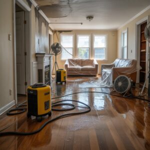 Water damage cleanup in a living room with fans and dehumidifiers drying floors after a burst pipe.