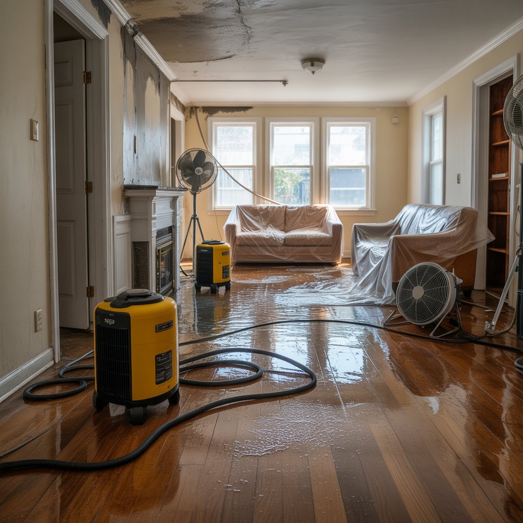 Water damage cleanup in a living room with fans and dehumidifiers drying floors after a burst pipe.