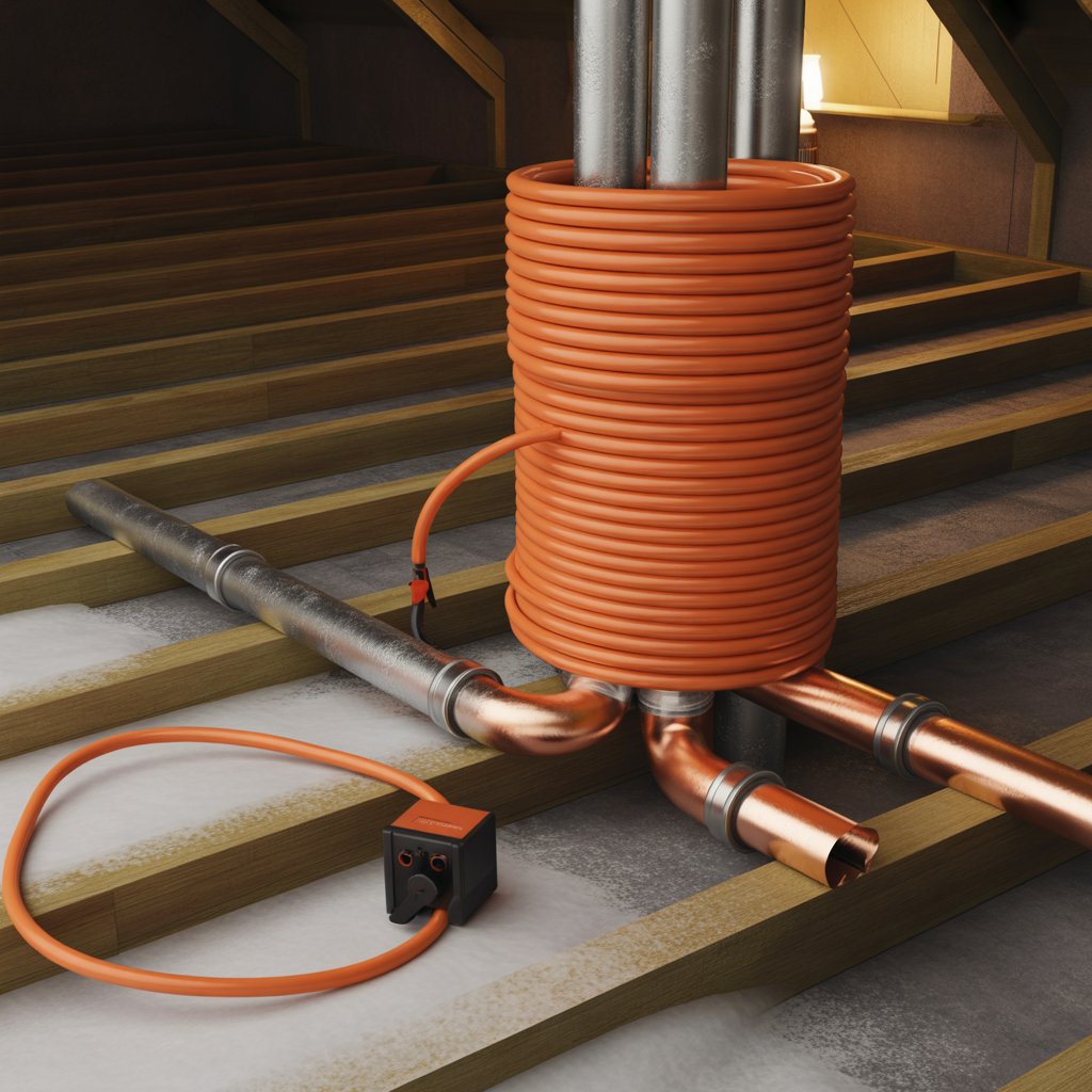 Heat tape wrapped around exposed pipes to prevent freezing in cold weather.