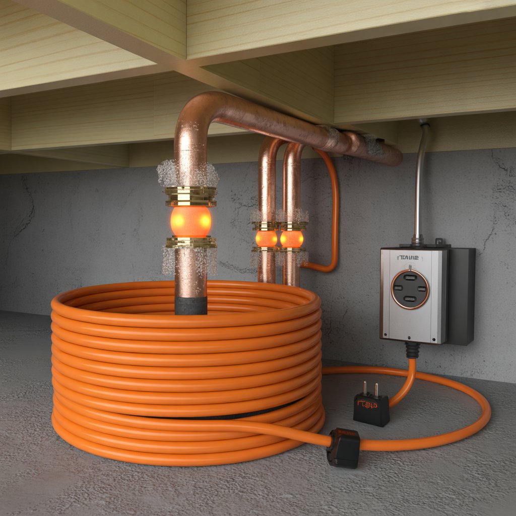 Heat tape system installed on copper pipes with thermostat to stop pipes from freezing.