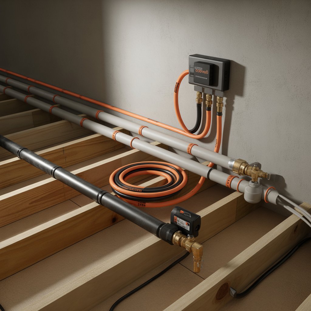 Electric heat tape connected to water lines to protect plumbing from winter freezing.