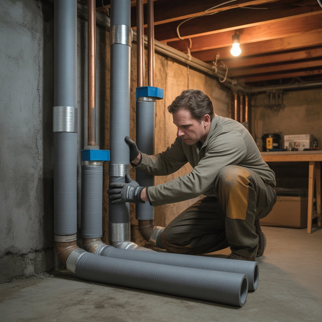 Technician adding foam insulation to exposed pipes for winter freeze protection.