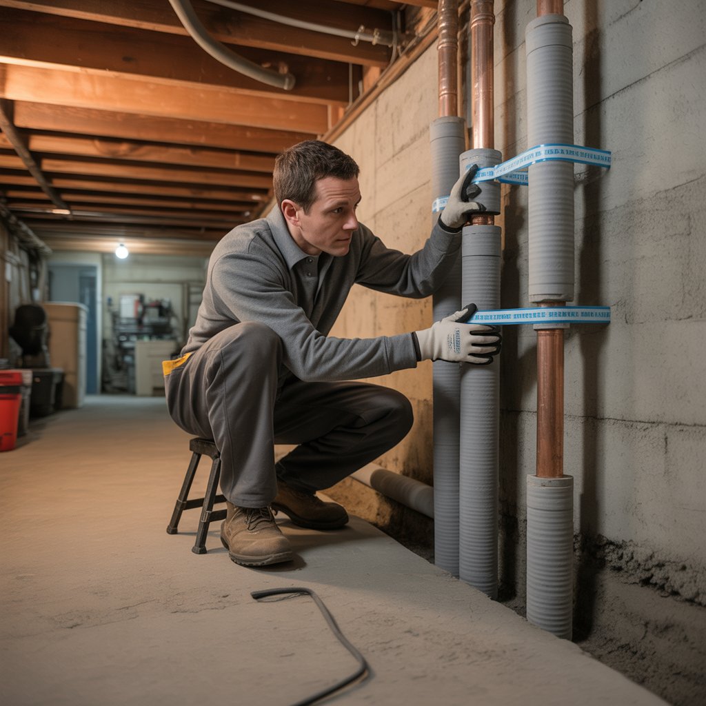 Worker securing pipe insulation around copper pipes to avoid frozen pipes in winter.