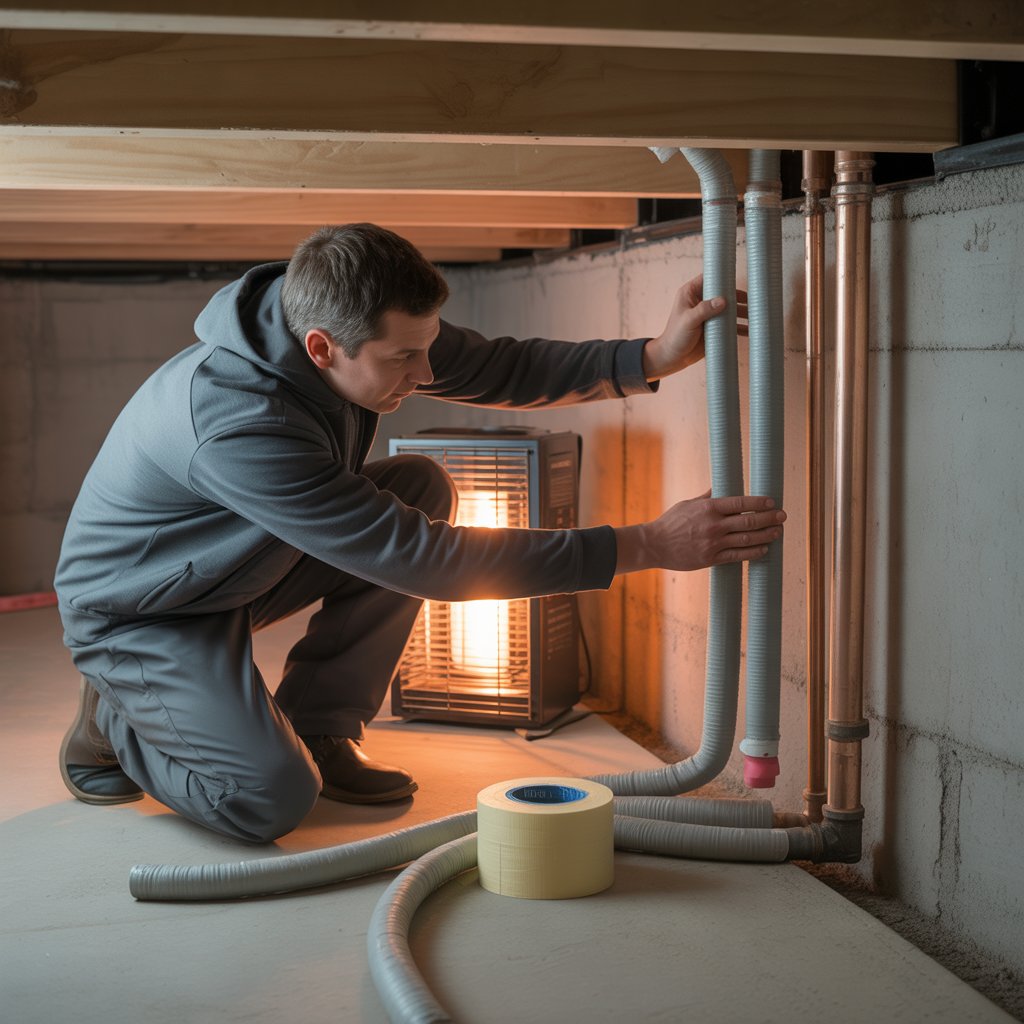 Homeowner insulating exposed pipes in basement to prevent freezing during cold weather.