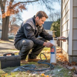 Insulating an outdoor faucet to prevent frozen pipes before winter.