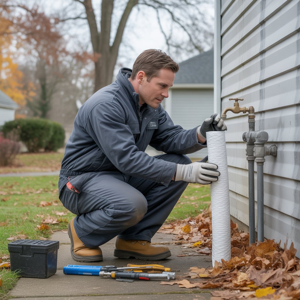 Installing freeze protection on exterior pipes to avoid frozen pipe damage. 