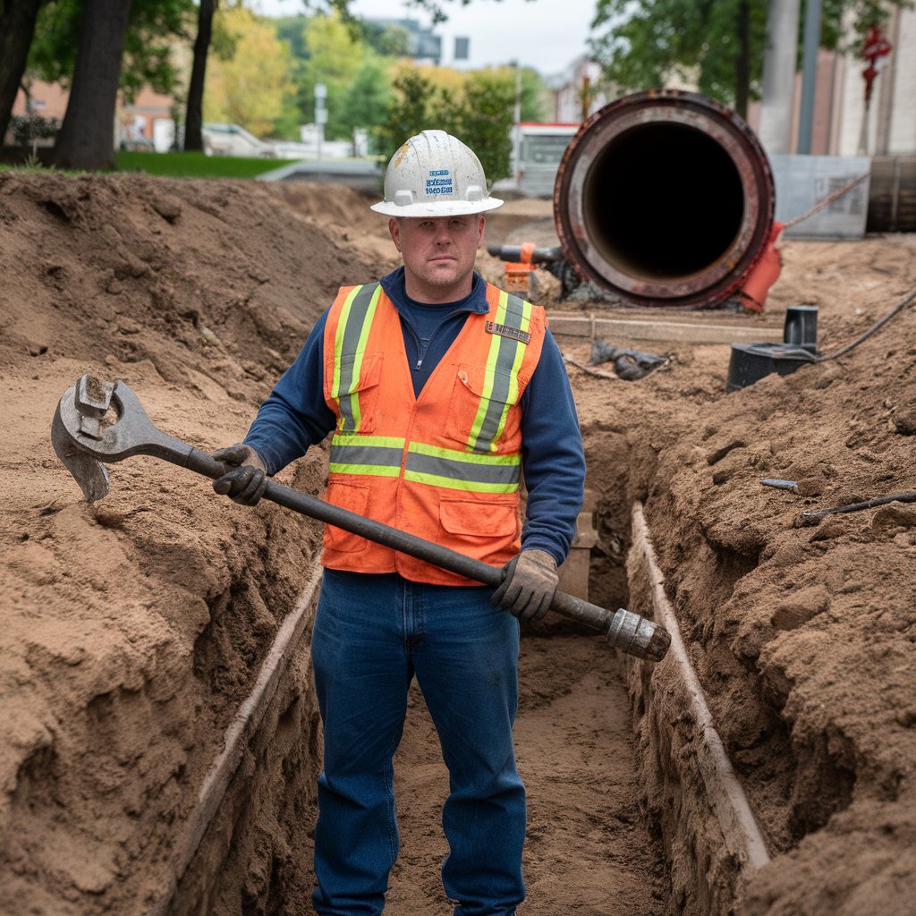 Technician performing routine sewer line maintenance in a residential trench.