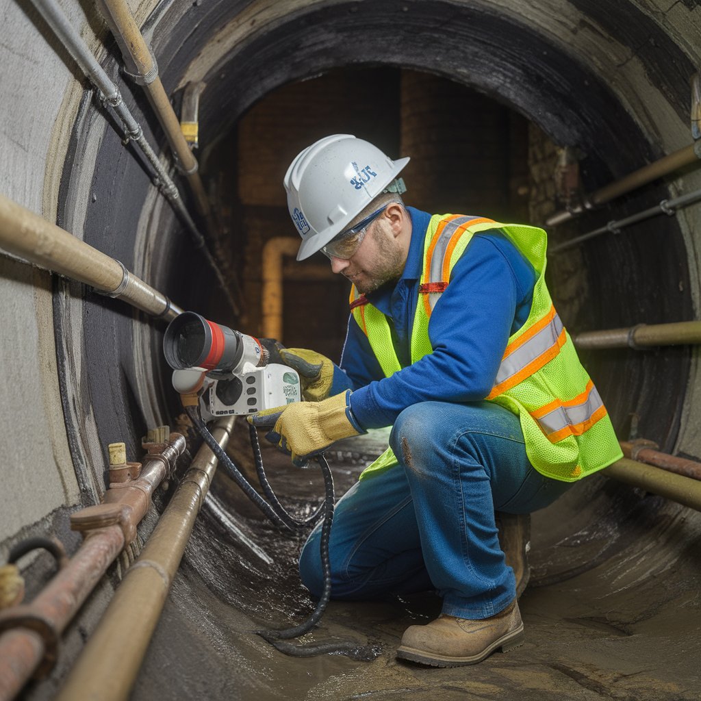 Professional conducting sewer camera inspection for preventive sewer line maintenance. 