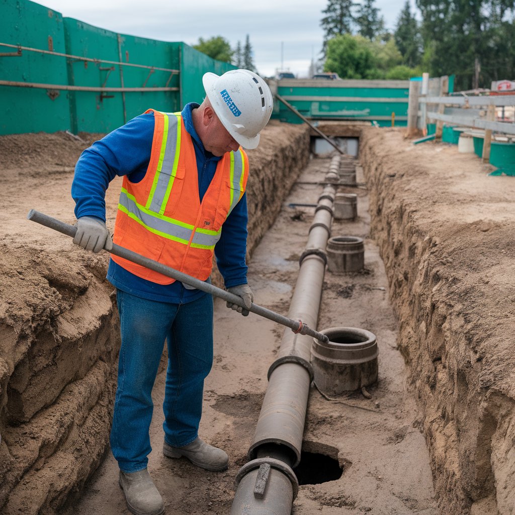 Home sewer line cleaning and maintenance work being performed in a trench. 