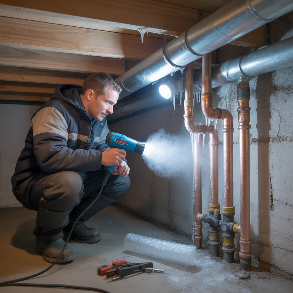 Technician thawing frozen basement pipes with a heat gun.