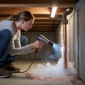 Homeowner using a hair dryer to thaw a frozen copper pipe