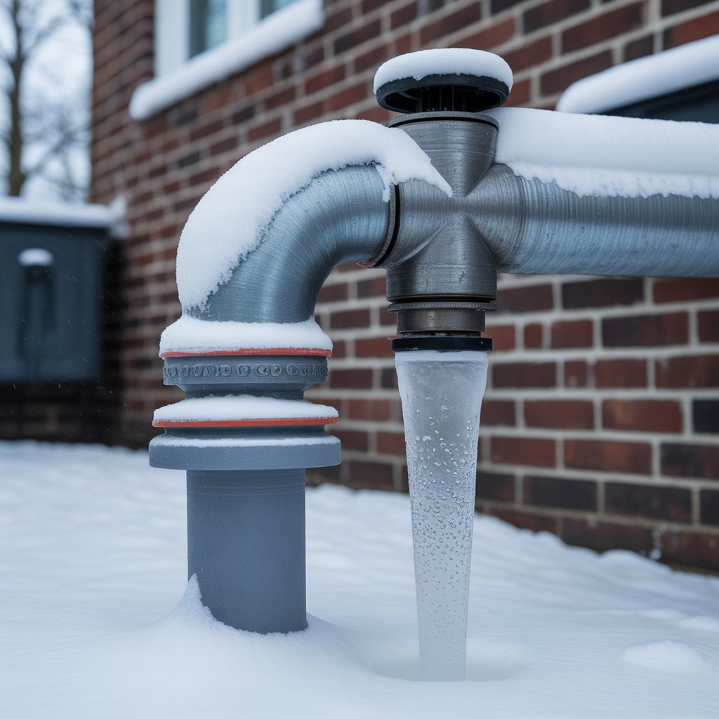 Outdoor frozen water pipe covered in snow during winter freeze.