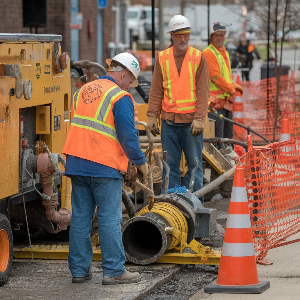 Contractor evaluating underground sewer pipe condition to choose between repair and sewer line replacement.
