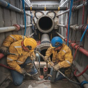 Workers inspecting damaged sewer line to assess whether repair or full sewer replacement is needed.