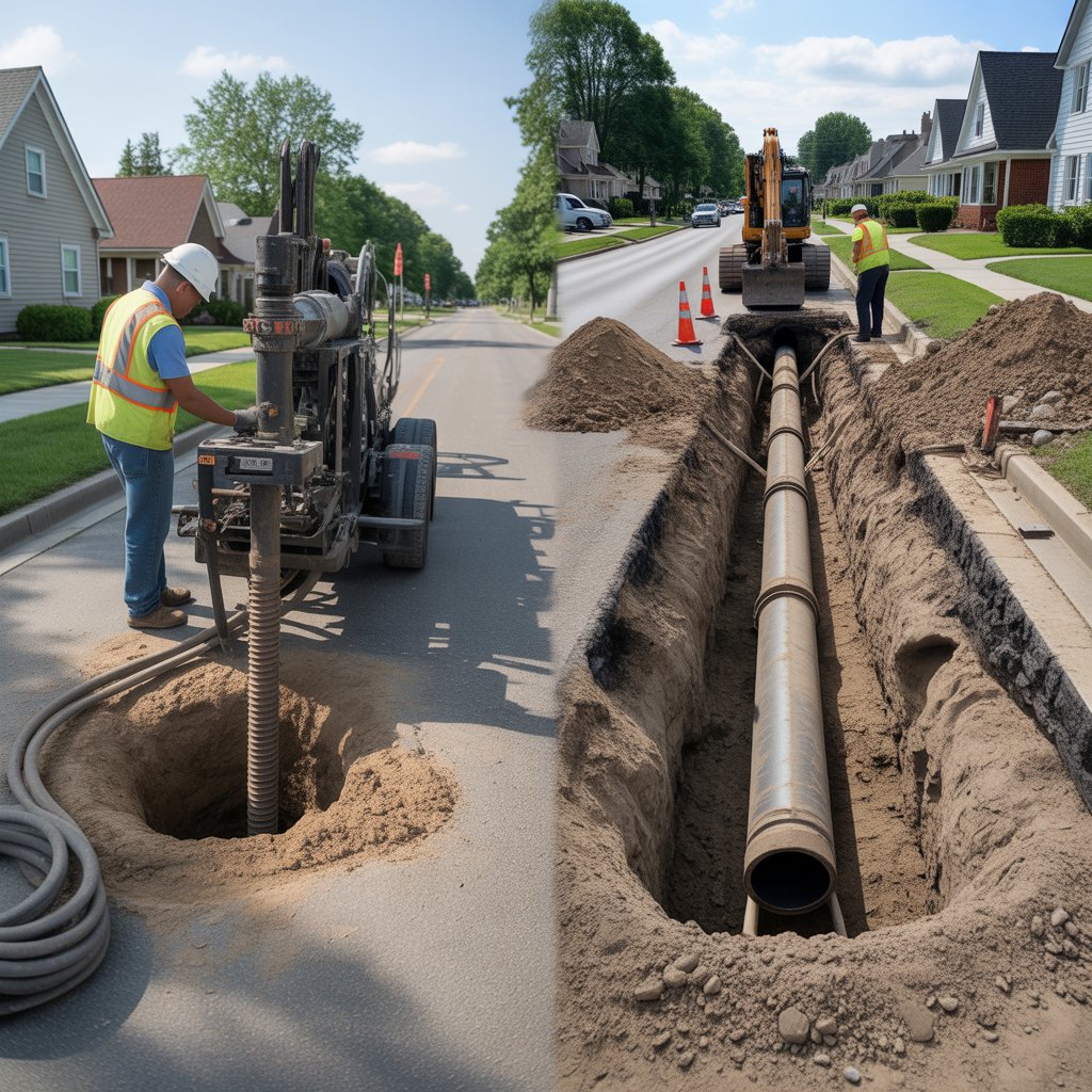 Contractors performing trenchless sewer repair beside traditional pipe excavation trench. 