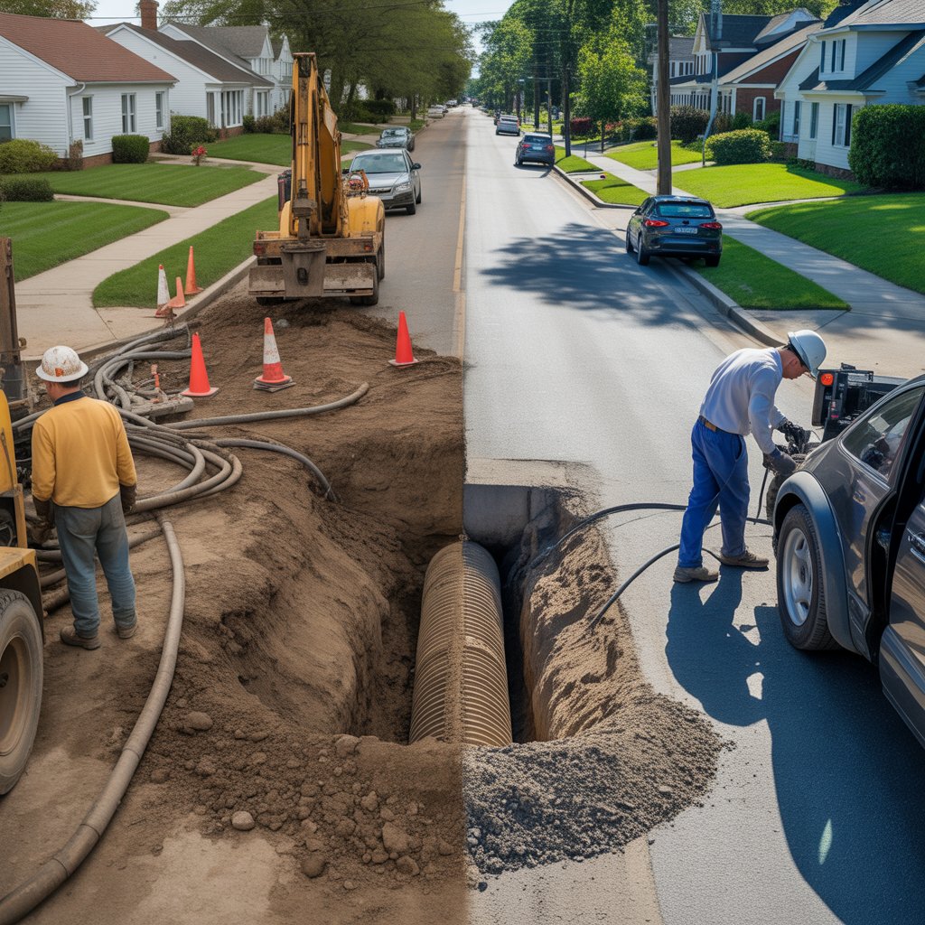 Side-by-side view of sewer pipe excavation and trenchless sewer repair equipment on roadway. 
