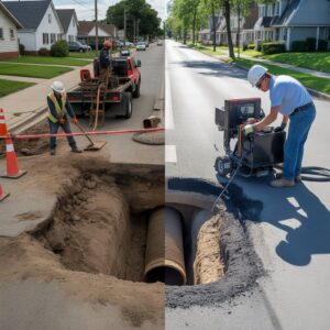Traditional sewer excavation vs trenchless sewer repair comparison on residential street.