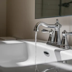 Bathroom faucet dripping steadily into a sink, showing a common bathroom faucet leak that wastes water over time