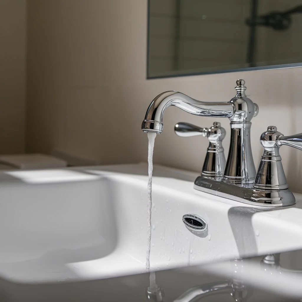 Bathroom faucet dripping steadily into a sink, showing a common bathroom faucet leak that wastes water over time