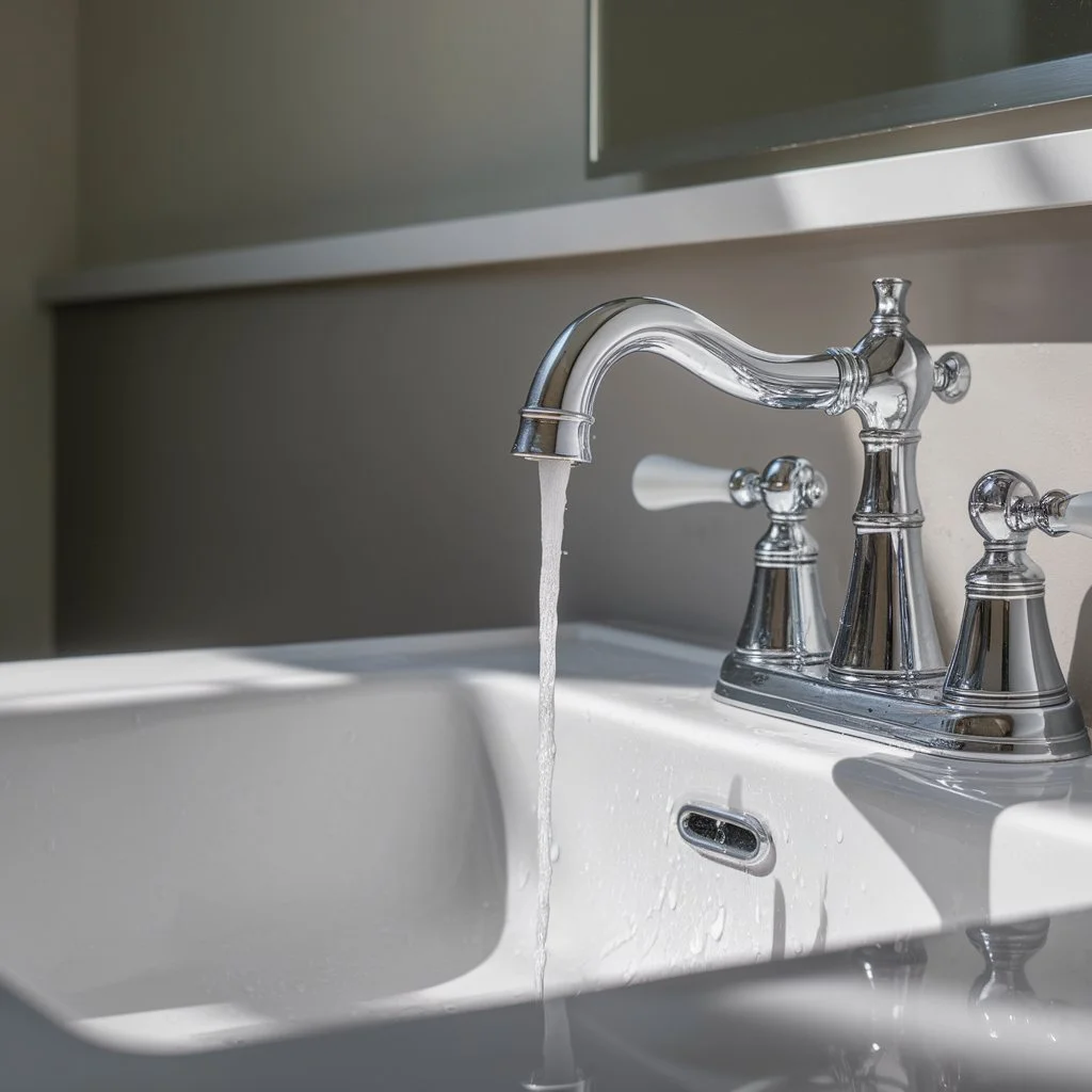 Close up of a bathroom faucet leak repair scenario where water continues to run despite the faucet being turned off