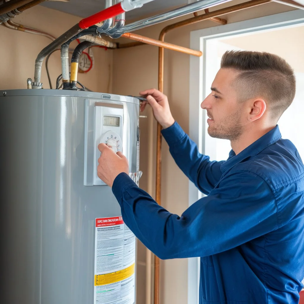 Electric water heater maintenance service with technician inspecting temperature and control settings