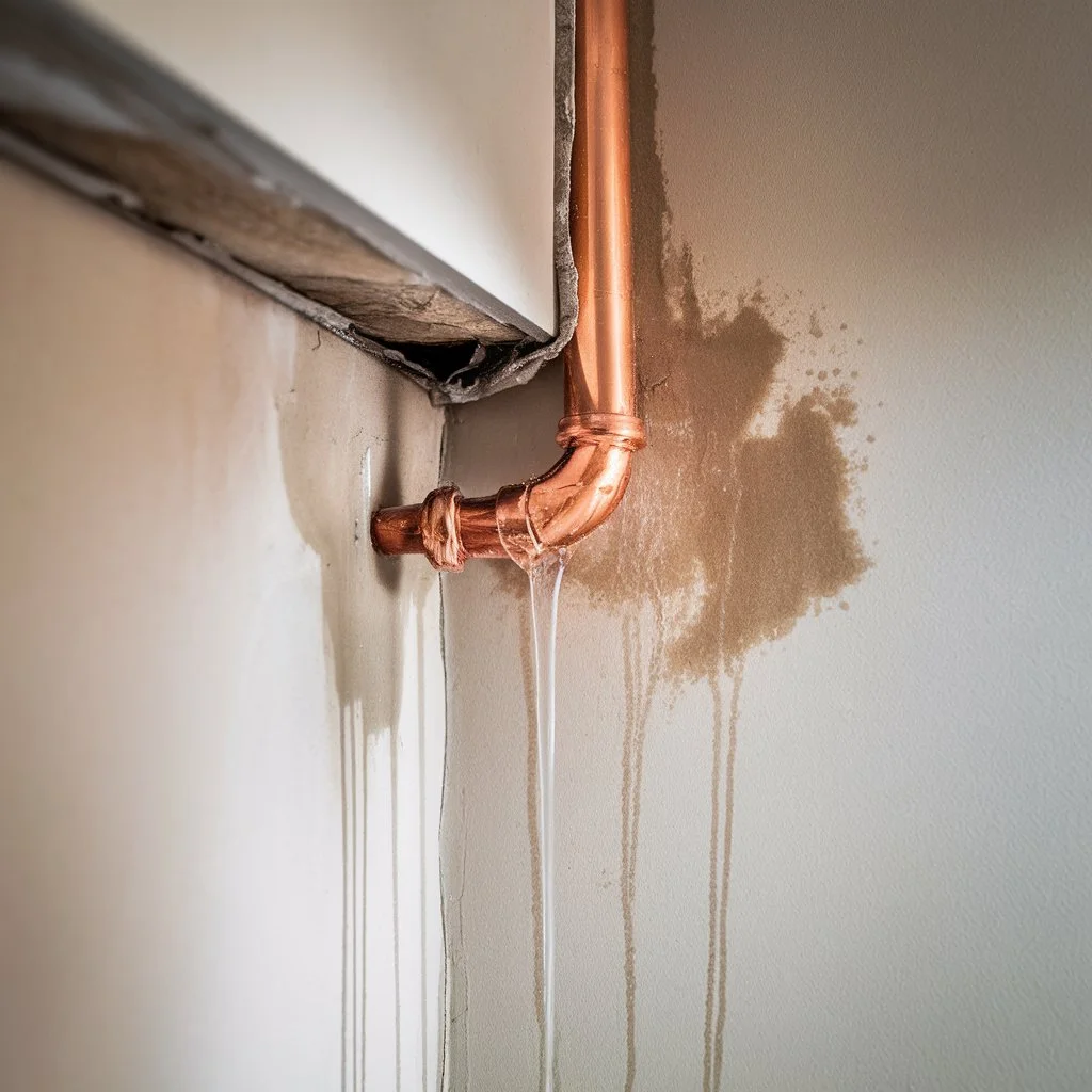 Hidden plumbing leak behind an interior wall in a US home causing water stains and slow structural damage