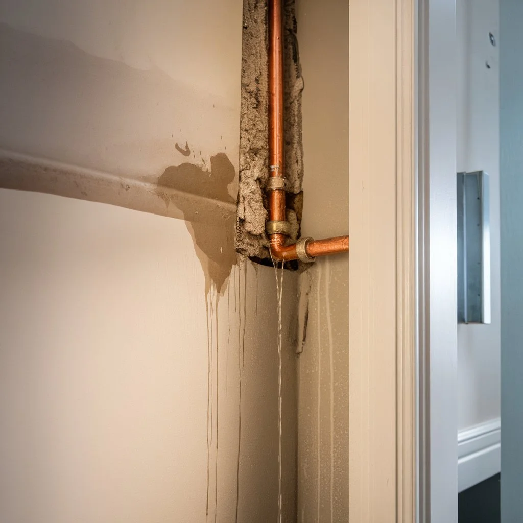 Undetected water leaks inside residential walls leading to moisture buildup and drywall damage in a US house