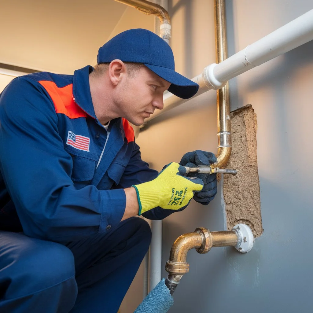 Technician carrying out spot repair plumbing to fix a localized pipe leak without replacing the full line.