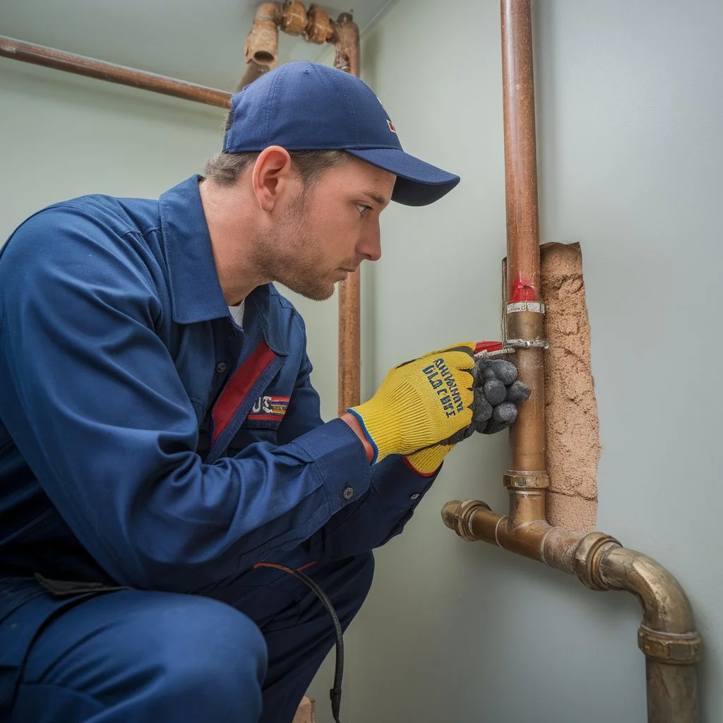 Professional plumber performing plumbing spot repair on a copper pipe inside a residential wall in a US home.