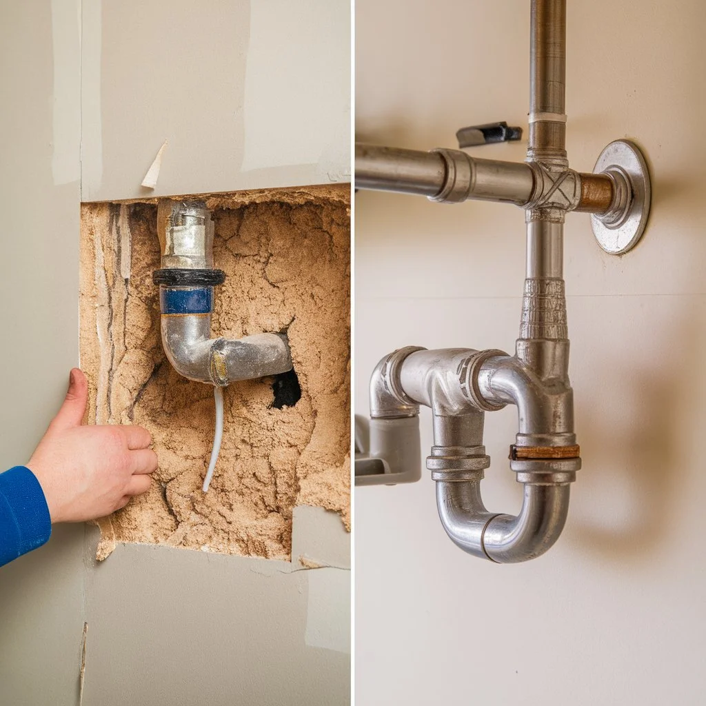 Before and after view of targeted plumbing repair showing a damaged pipe section repaired behind a wall.