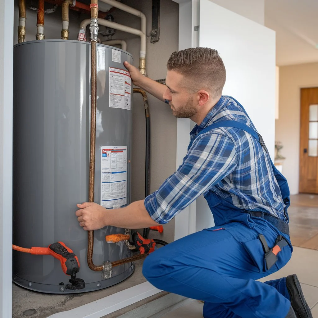 Technician inspecting an aging residential water heater showing issues caused by skipping water heater maintenance in a US home.