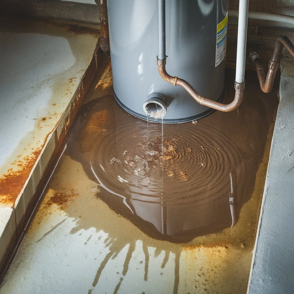 Basement water heater leaking onto the floor due to water heater maintenance neglect, causing corrosion and water damage in a US residence.