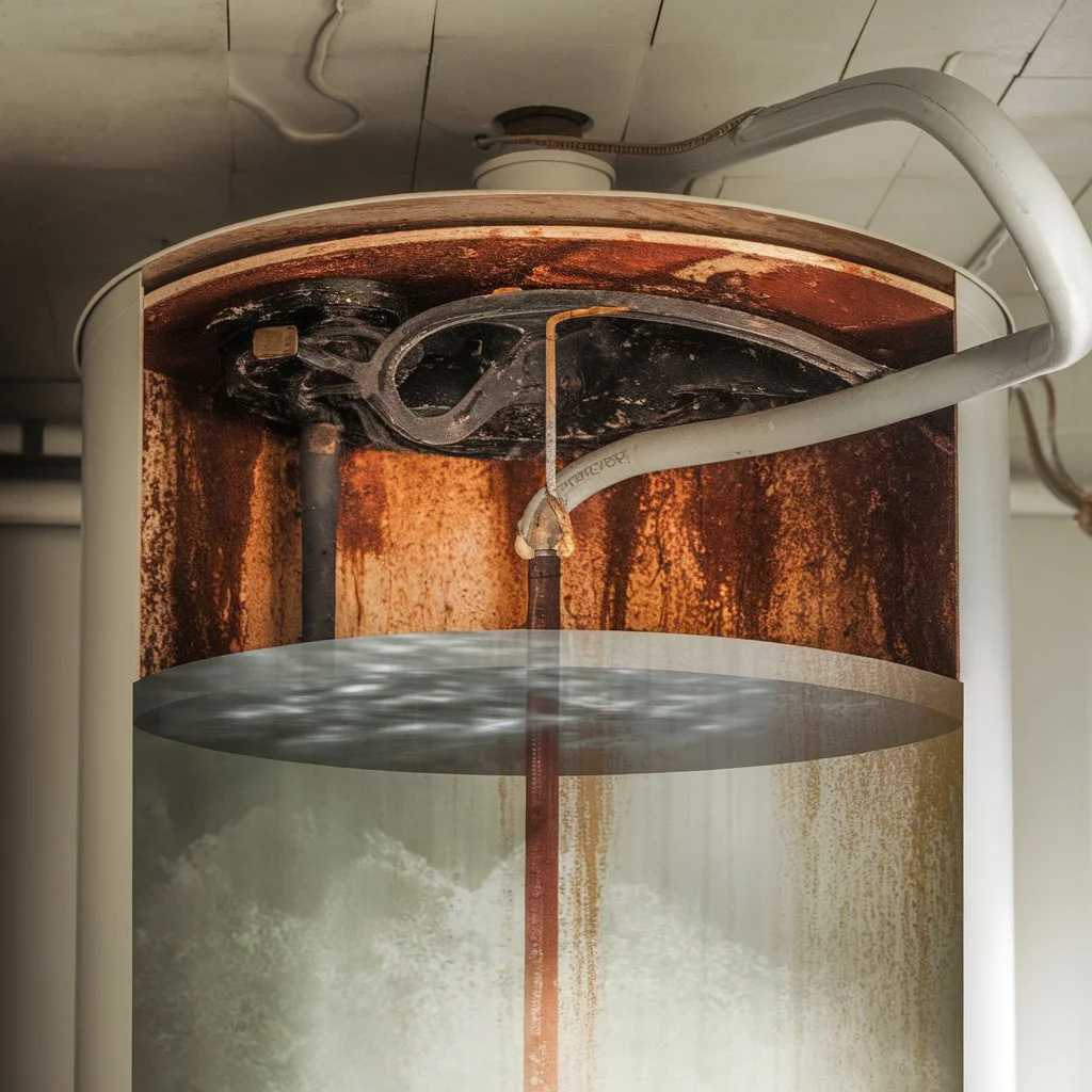 Severely corroded water heater interior demonstrating water heater breakdown due to no maintenance in a typical US household.