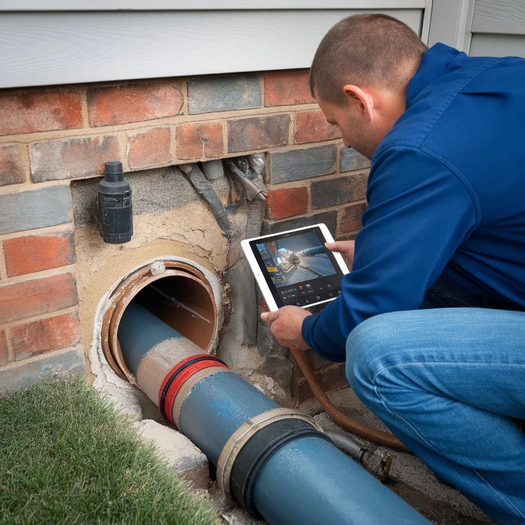 Plumber inspecting an underground line with camera technology as part of trenchless pipe repair for targeted plumbing damage.