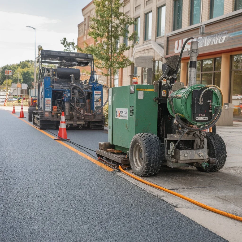 Trenchless plumbing repair equipment set up on a city street for spot repair of a sewer pipe with minimal surface disruption.