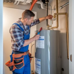 Technician performing regular water heater service in a US home, demonstrating water heater maintenance benefits that help extend water heater lifespan