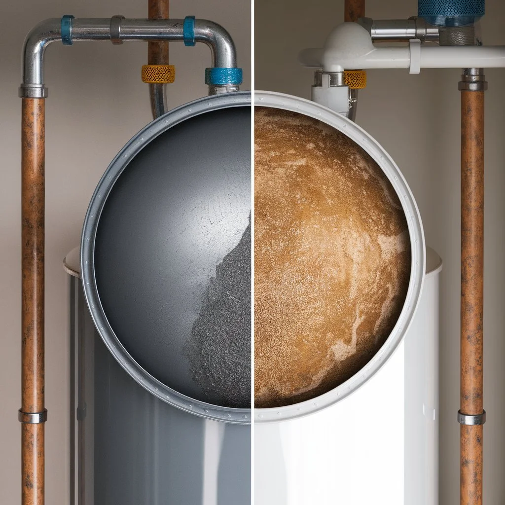 Comparison showing how regular water heater service and maintenance benefits protect the tank from corrosion and extend water heater lifespan
