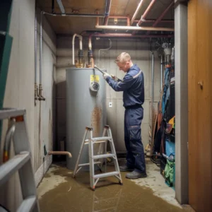 Technician inspecting a rusted water heater in a US basement, showing early water heater repair signs that require immediate professional service.