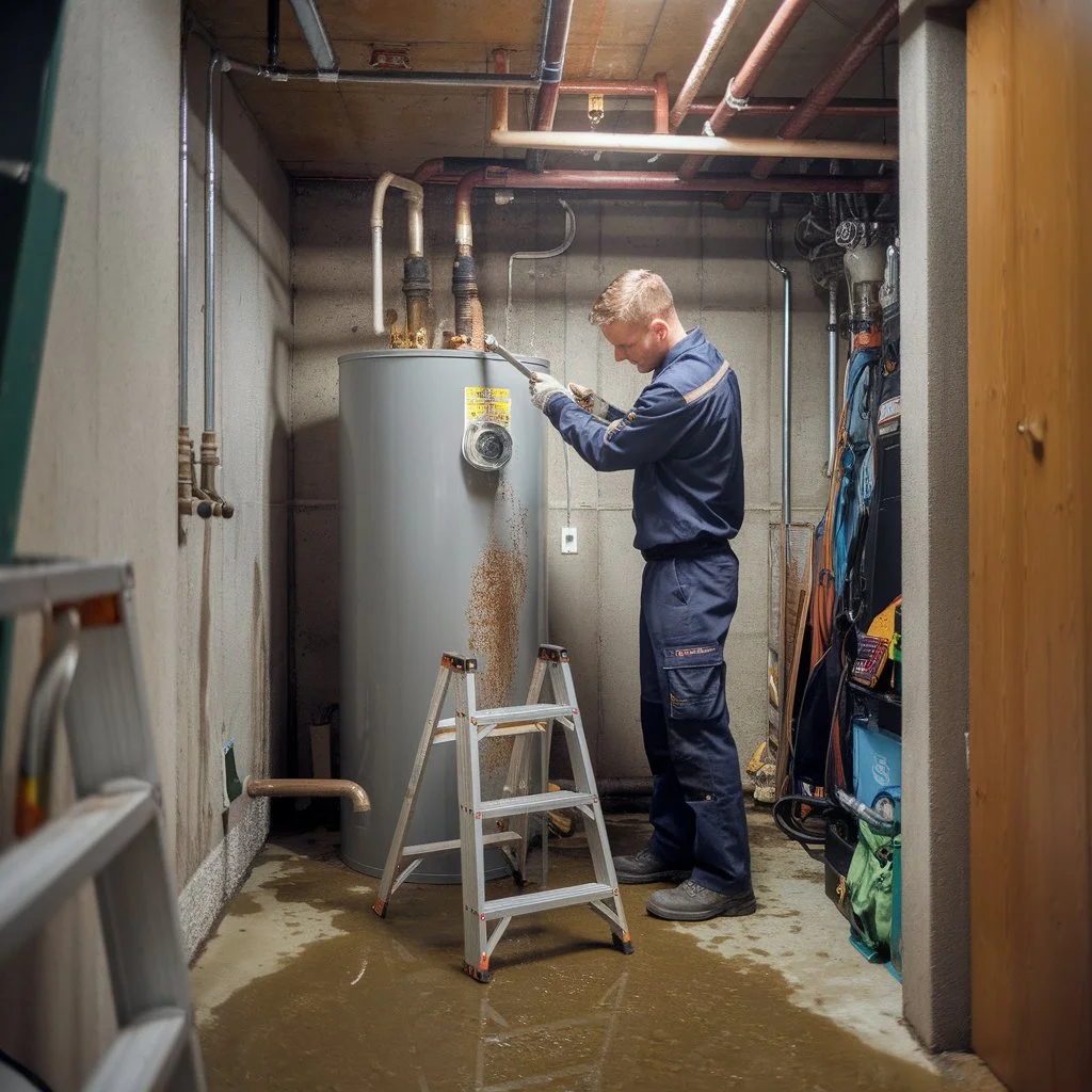 Technician inspecting a rusted water heater in a US basement, showing early water heater repair signs that require immediate professional service.