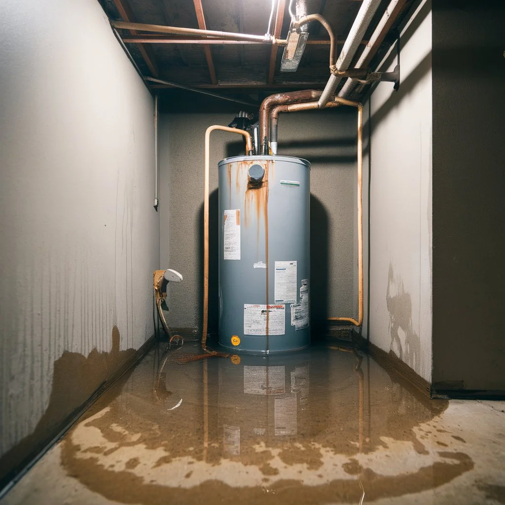 Water pooling around a basement water heater in a US home, one of the serious water heater problems symptoms that indicate urgent maintenance is needed.