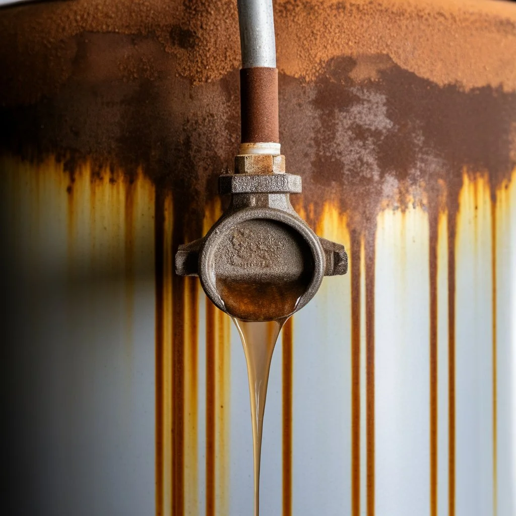 Close-up of a corroded water heater valve leaking water, a common sign linked to water heater making noise and internal pressure issues.