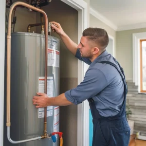 Professional plumber inspecting a residential water heater during routine water heater service frequency check in a US home utility area.