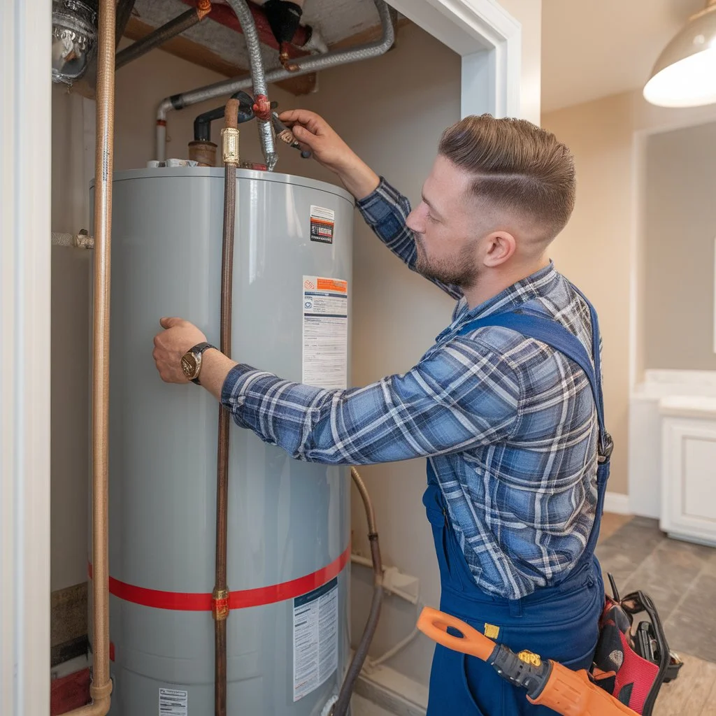 Technician performing water heater preventive maintenance by checking pipes and connections in a US residential basement.