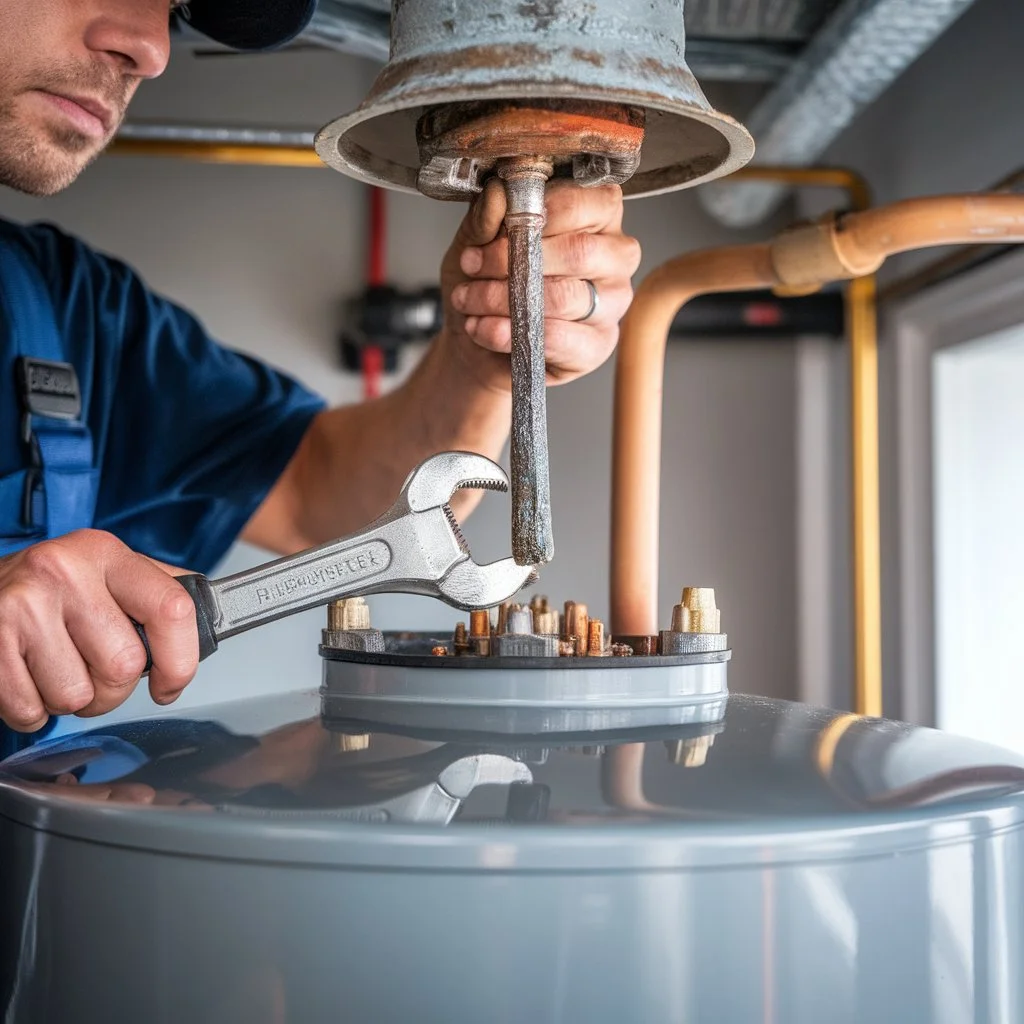 Close-up of an anode rod replacement as part of a recommended water heater maintenance schedule in a US home.