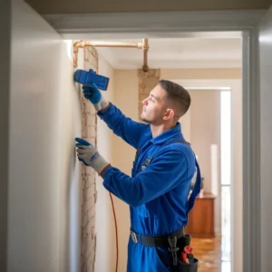 Plumber using advanced plumbing leak detection equipment to locate hidden water leaks behind interior walls in a US home