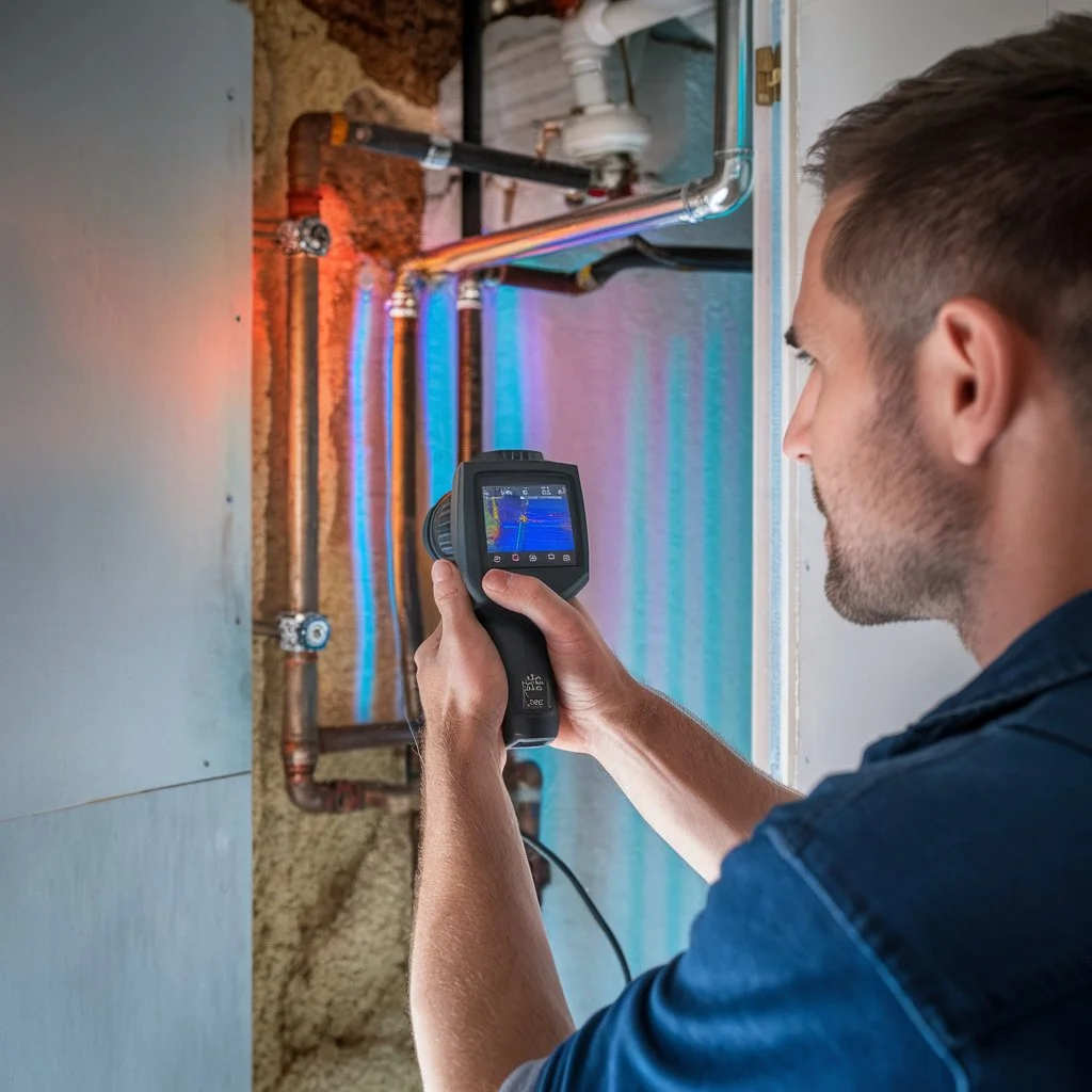 Technician performing non invasive leak detection with thermal imaging as part of professional water leak detection services