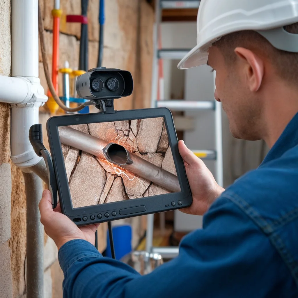 Plumber inspecting damaged pipe using camera technology for accurate plumbing leak detection before repairs