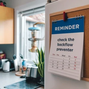 Kitchen reminder calendar displaying check the backflow preventer note emphasizing the importance of annual backflow testing for homeowners